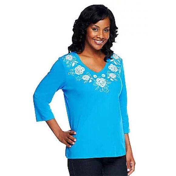Denim & Co Womens 3X Embroidered Detail Knit Top Aqua Blue 3/4 Sleeves NWT - Picture 1 of 3